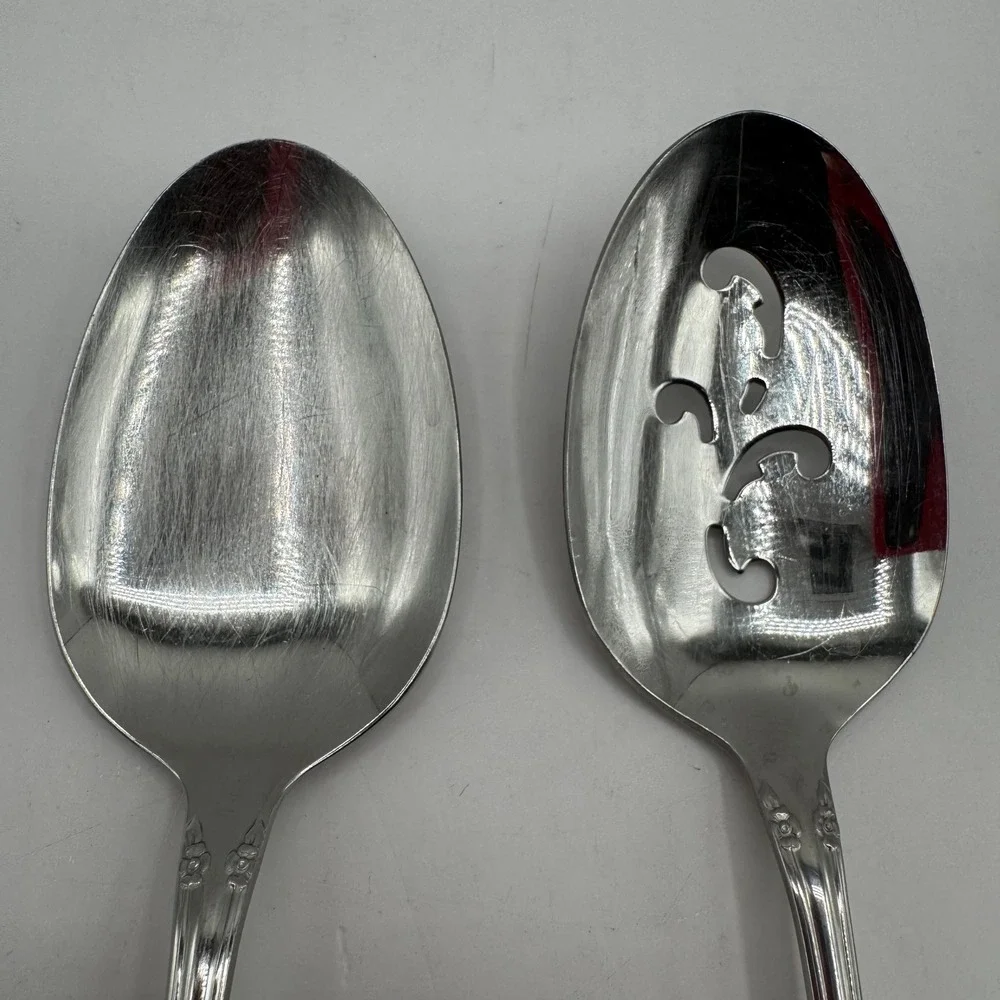 Oneida Serving Spoons Set 8.25 Stainless Arbor Rose Floral Pierced Solid 2pc